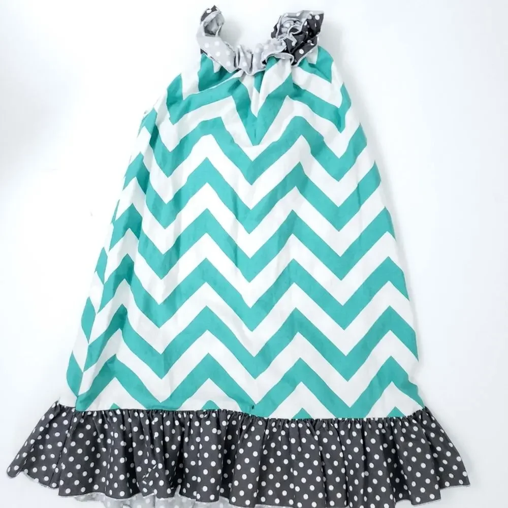 LollyWolly Doodle Chevron Dress Teal, Gray Fits 6
